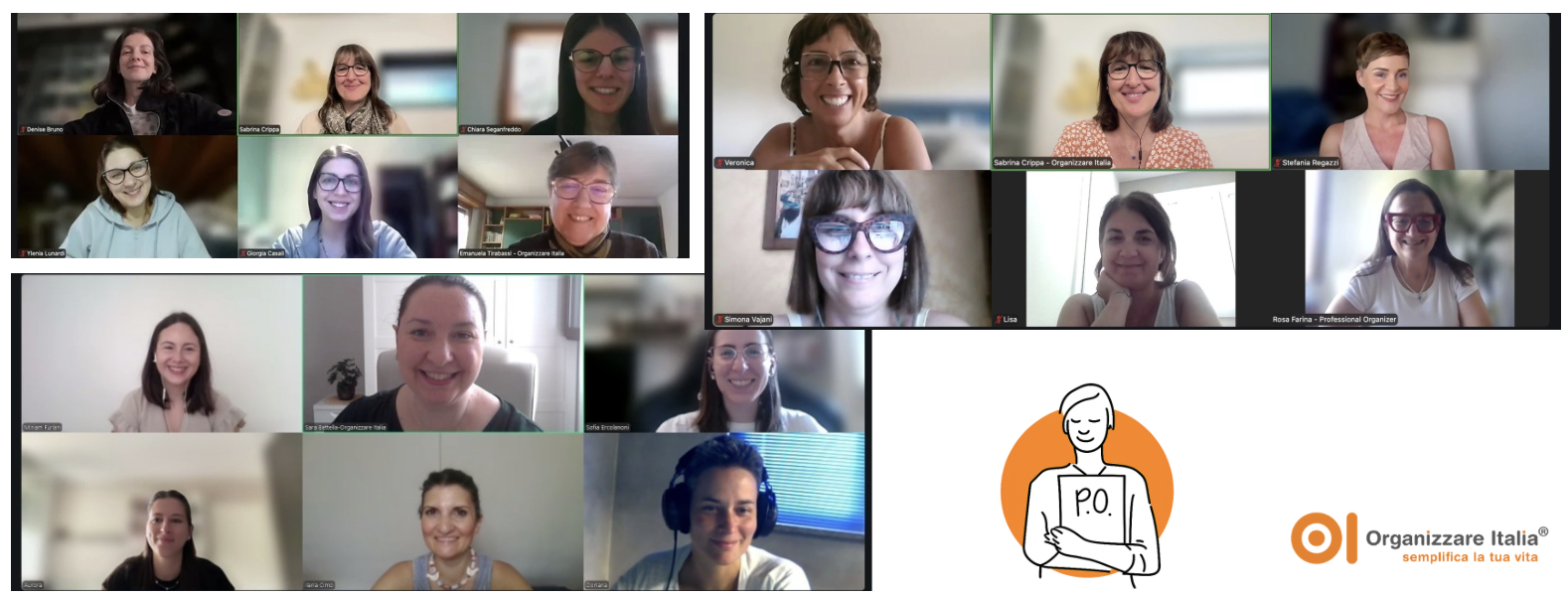 Collage di schermate Zoom di edizioni del corso di Professional Organizer di Organizzare Italia: partecipanti e docenti collegati in diretta in piccoli gruppi